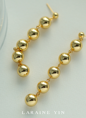 丹麦姐妹LIE小金球黄铜镀18k金长款欧美夸张流苏耳环冷淡风显瘦