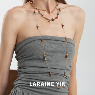 LARAINE YIN原创高级感虎眼石白贝串珠项链长毛衣链叠戴锁骨链