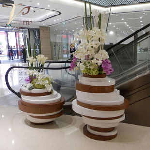 北欧玻璃钢重叠组合花盆酒店仿木纹花器办公室花瓶户外花园种植箱