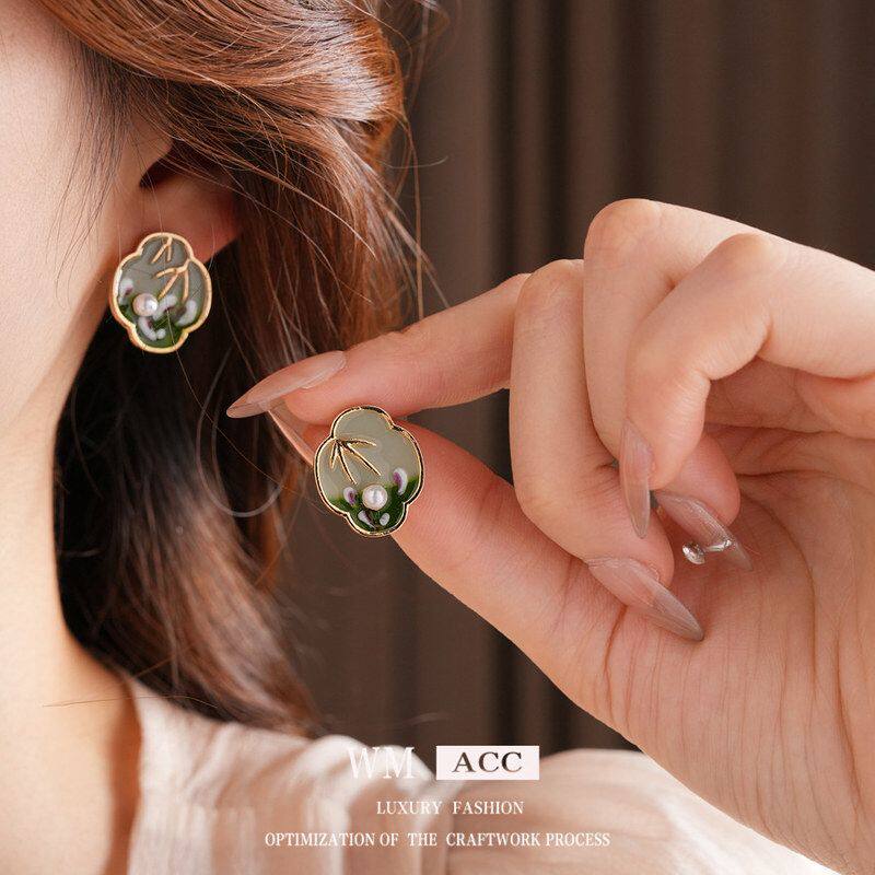 银针中古vintage珍珠耳钉油画高级感复古百搭风树叶耳饰耳环滴油