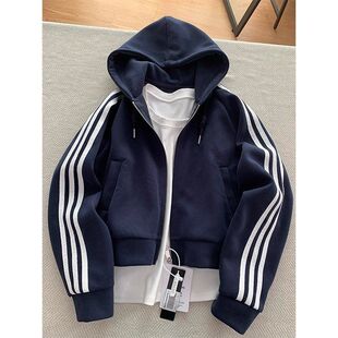 anfitbomberc短款杠廓le连卫衣男款外套形重磅开衫藏青色三条帽衫