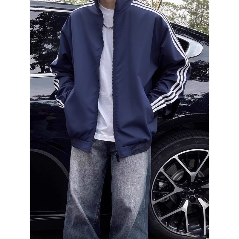 三条le软壳杠anfit秋季运动外套冲锋衣户外美式男条纹深蓝色c夹克