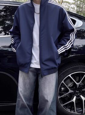 三条le软壳杠anfit秋季运动外套冲锋衣户外美式男条纹深蓝色c夹克