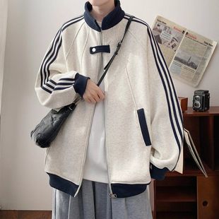 冬季立领条纹外套美式解构青少年宽松加绒开衫运动夹克男卫衣休闲