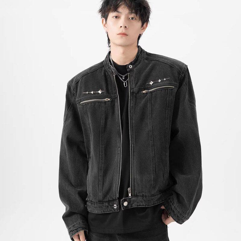 短款无领金属拉链夹克牛仔水洗设计感美式外套哈灵顿春秋男款潮