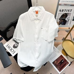 口袋半袖 衬衫 衬衣肌理褶皱痞帅夏季 短袖 竖纹设计感 铆钉感薄款 男款