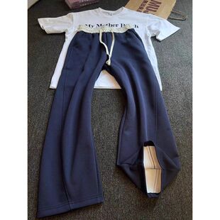 慵懒松弛感运动裤子弯刀长裤休闲斜切直筒藏青色美式男款卫裤宽松