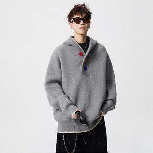 新款潮牌连帽男女慵懒秋冬彩色宽松美式上衣毛衣外套风针织衫纽扣
