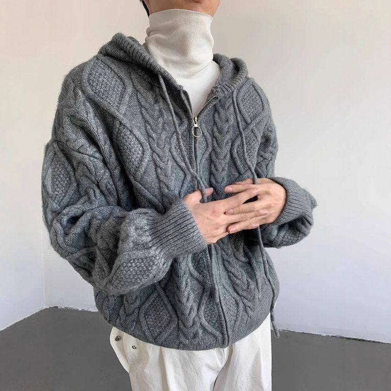 外套潮流风加厚韩版男士开衫针织衫秋冬休闲宽松ins连帽慵懒毛衣