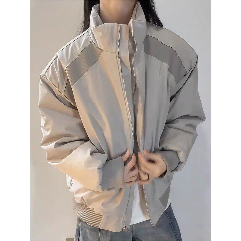 服飞行棉服美式棒球灰色boxy棉衣男女加厚立领浅短款冬季夹克外套