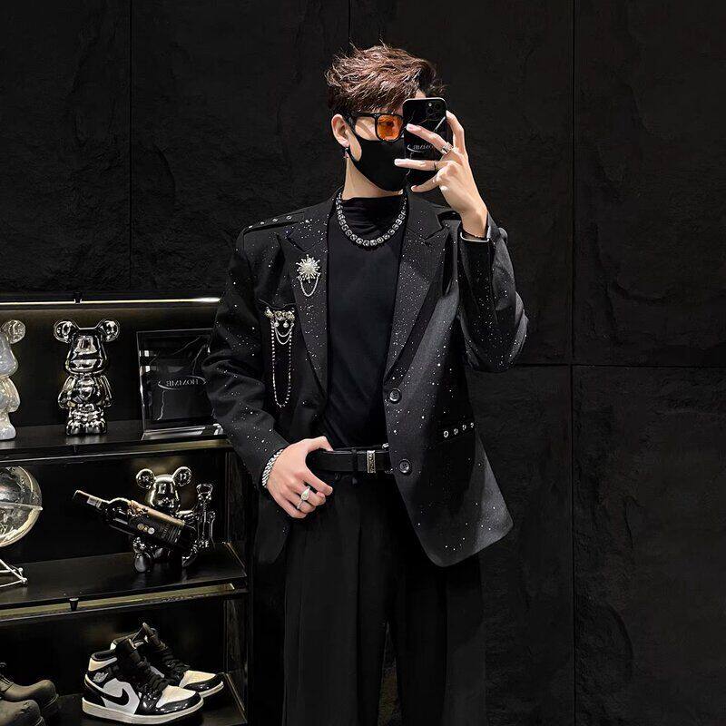 宽松胸针小众高级感黑色外套挂链韩版西服闪闪满天星男西装 工厂
