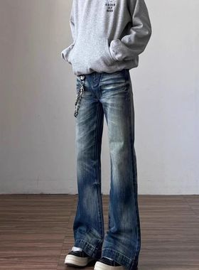 微喇爪anfit蓝色长裤须男垂高街牛仔裤lec猫复古水洗直筒感龙美式
