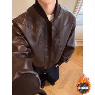 痞帅男保暖加厚机车美式拼接棒球皮衣短款棉服加绒领冬季上衣外套