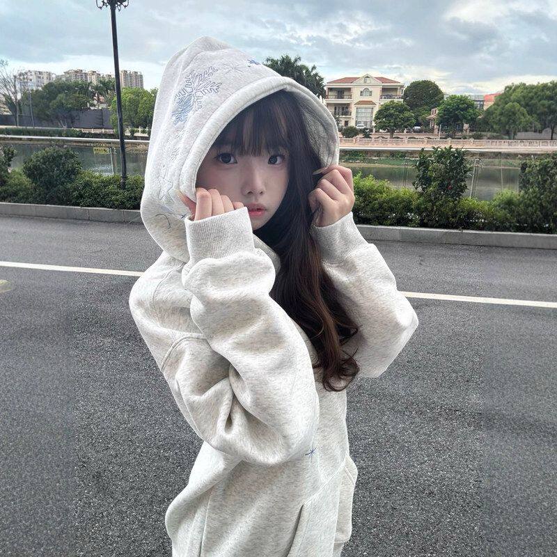 刺绣冬加绒连帽美式设计感男女外套高街加厚小众雪花潮牌卫衣情侣