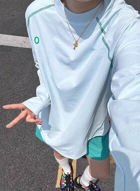 男女骑行速干蓝色长袖t恤夏季防晒撞色冰户外运动插肩袖薄款上衣