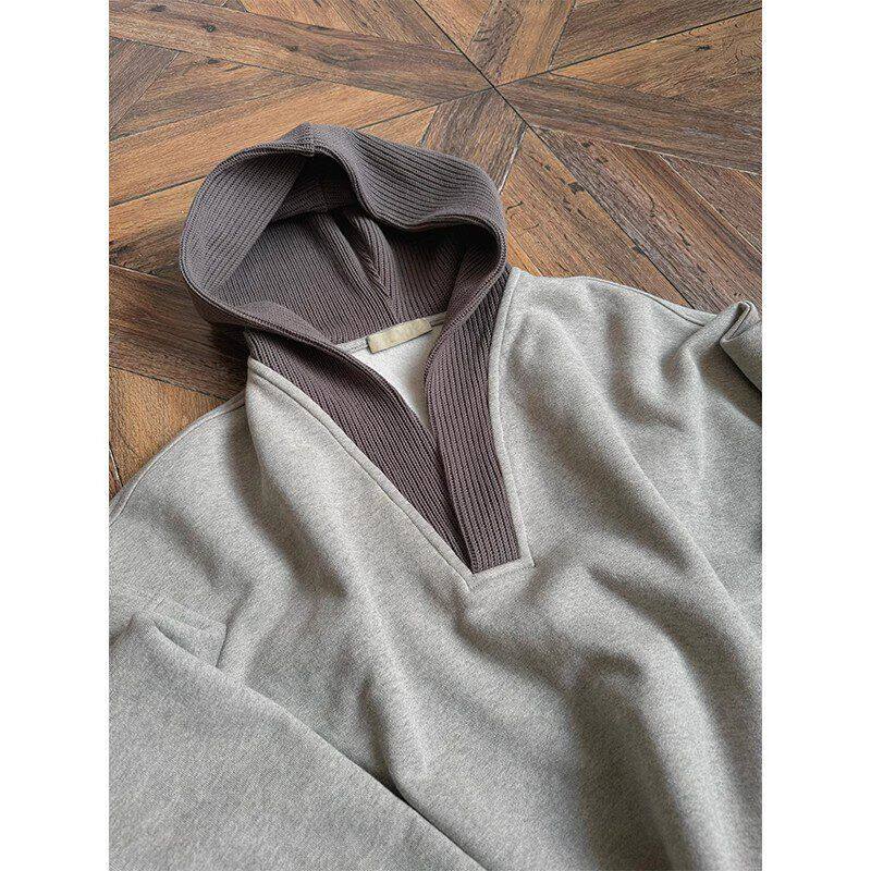 宽松灰色毛线anfit连帽拼接lec男款休闲小众卫衣秋冬季设计感外套