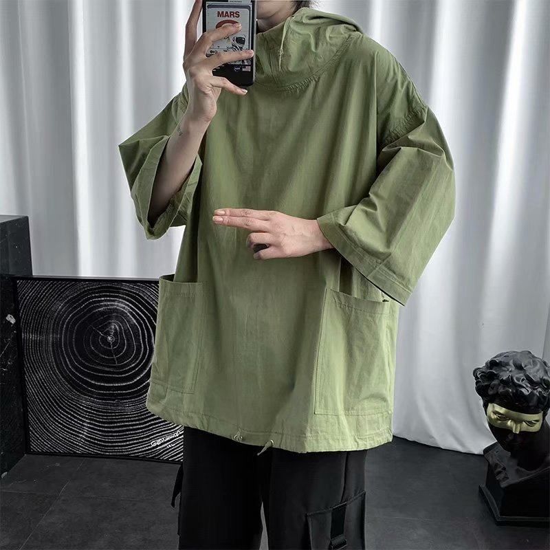 ins连帽夏季男短袖薄款潮流上衣宽松卫衣情侣休闲五分袖新款韩版