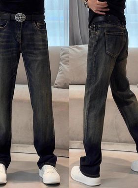 蓝色牛仔裤复古新款奢直筒欧货轻男士百搭阔腿裤秋季做旧水洗宽松