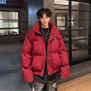 高街满天星冬季面包红色外套加厚服羽绒男设计感棉服保暖痞帅美式