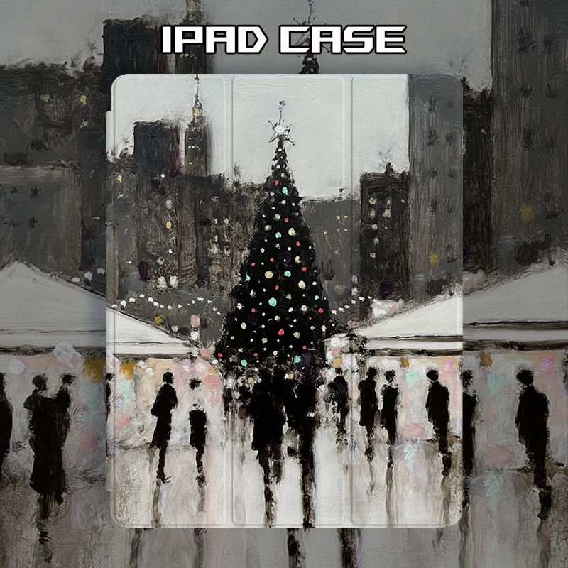 适用于iPadPro保护套Air2/3/4三折壳磁吸小众艺术圣诞树带笔槽mini5/6书本式iPad7/8/9第十代平板壳12.9英寸