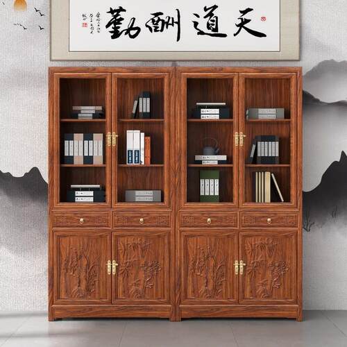 玻璃带门书柜实木橱架中式