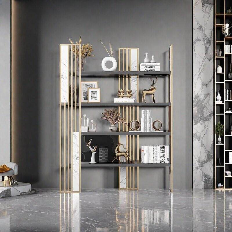 轻奢风书架落地隔断置物架金属书柜展示架办公室收纳架现代装饰架