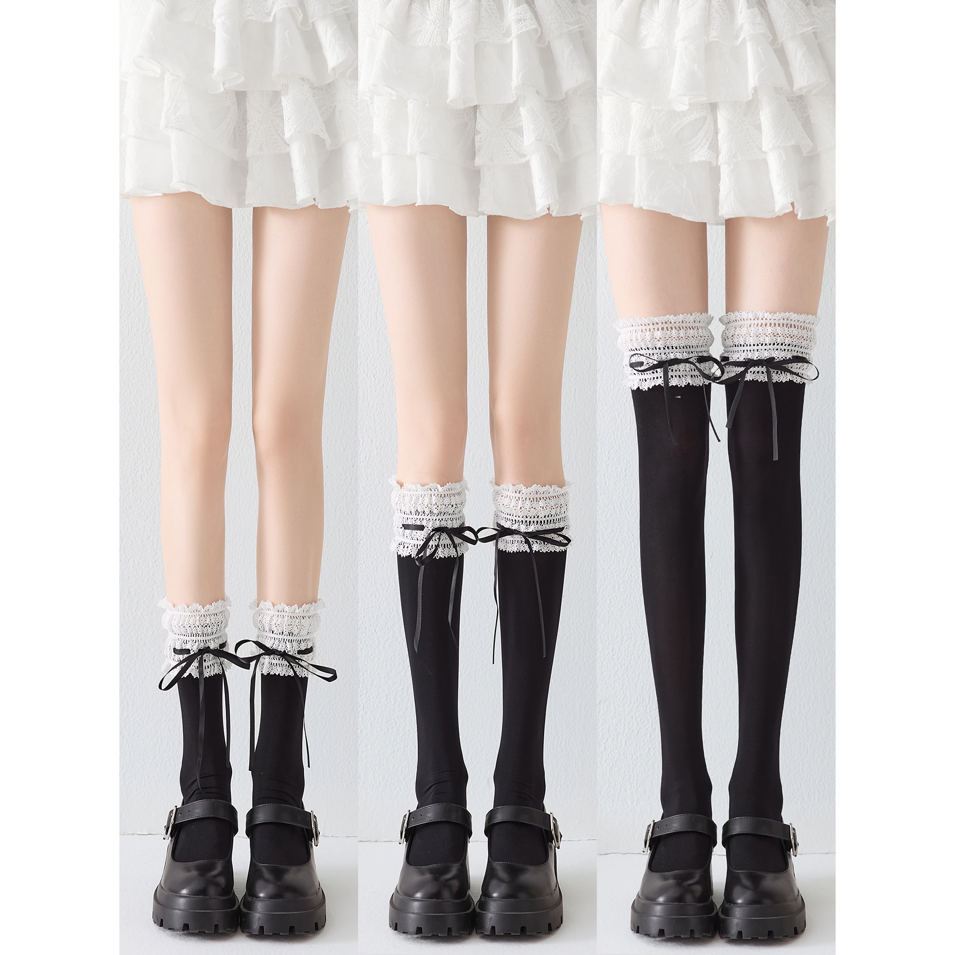 无印风日本原单蕾丝花边蝴蝶结过膝袜女JK袜子黑色天鹅绒doll感甜