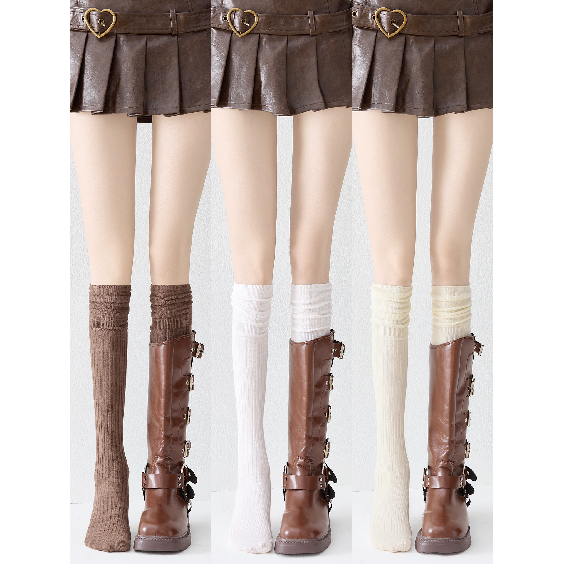 无印风日本原单长靴过膝袜子女长筒袜配靴子小腿堆堆袜竖纹微压显