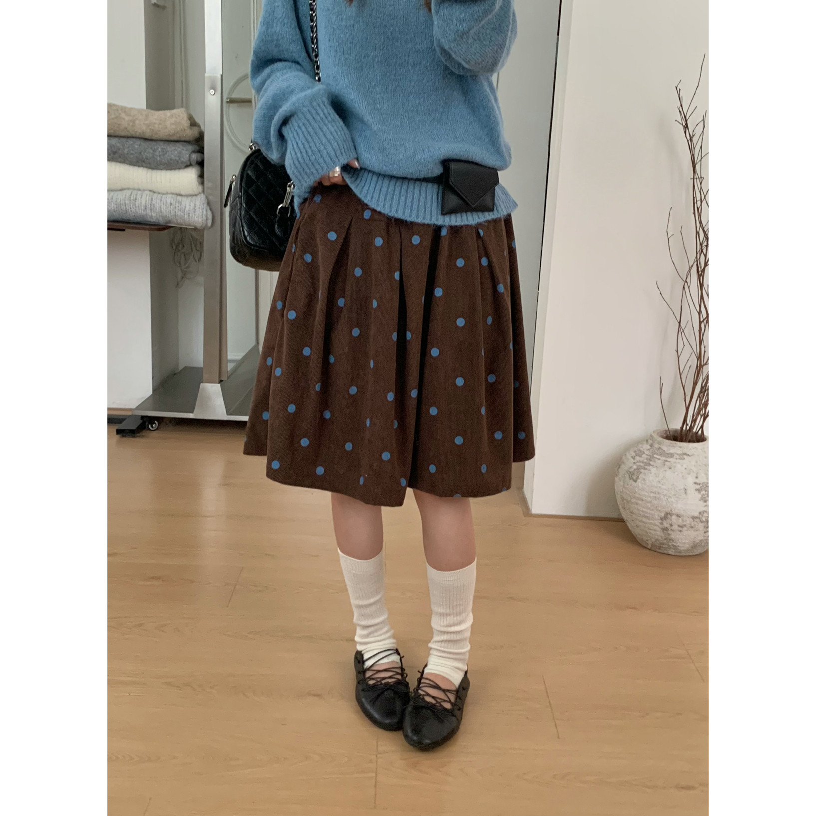 韩系松紧腰甜美波点高腰半身裙女秋季新款百搭显瘦A字五分半身裙