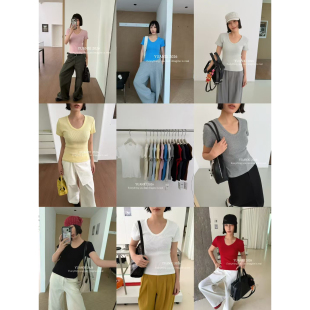 熙 领标位置随机 定制螺纹显瘦U领纯色2.0锁骨短袖 不含下装 T恤 元