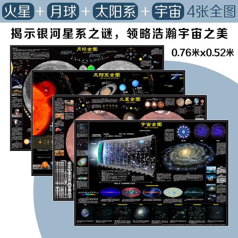 《太空地图-火星、月球、太阳系、宇宙》（套装4张）航天太空星际天文科普知识贴画墙纸 揭示银河星系之谜 领略浩瀚宇宙之美