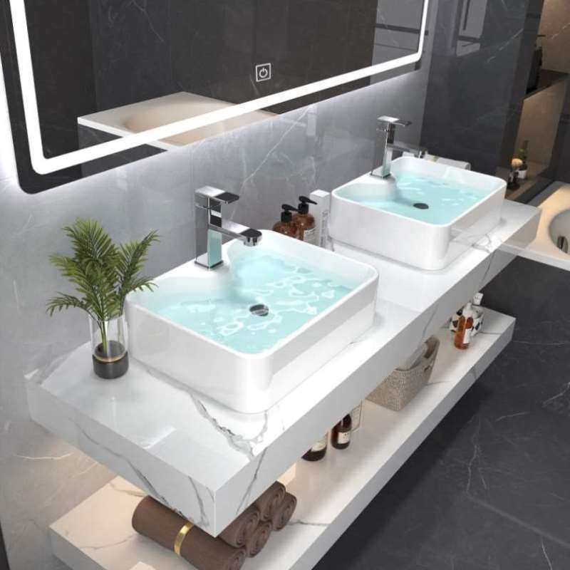 大理石一体双盆轻奢浴室柜组合台上盆北欧现代简约洗漱洗脸手台盆_虎窝淘