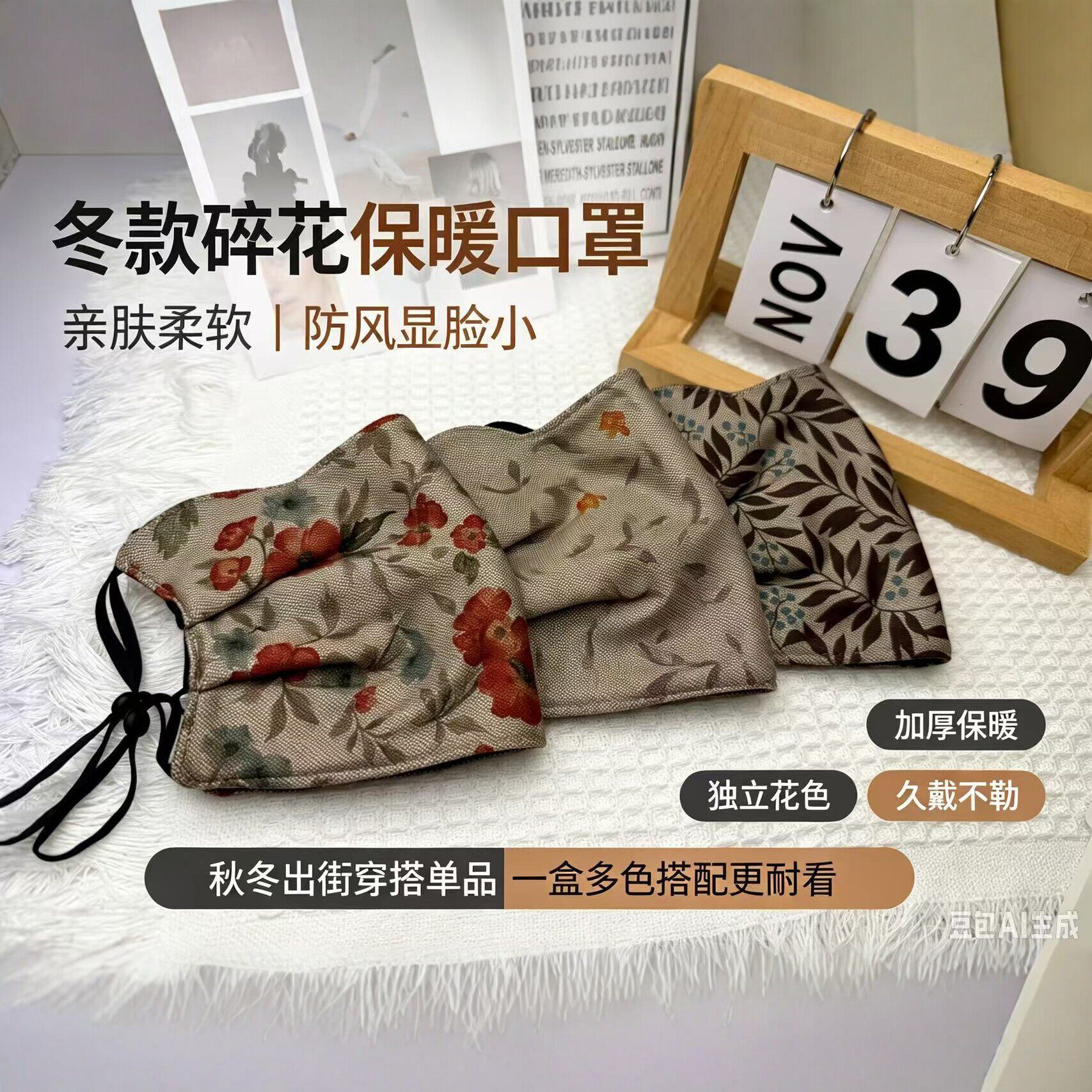 冬季碎花保暖口罩女防风加厚显脸小高颜值时尚美拉德双面德绒面罩