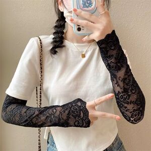 女士薄款甜美透气开车遮阳袖子防晒手套拍照长款夏季防晒蕾丝袖套