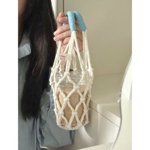 原创咖啡杯网兜杯套便携式水杯奶茶杯提兜通用手工编织防烫杯袋女