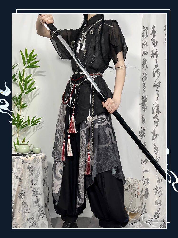春夏汉服女武侠风国风少女感古装吊带短袖灯笼裤套装女生cos服装