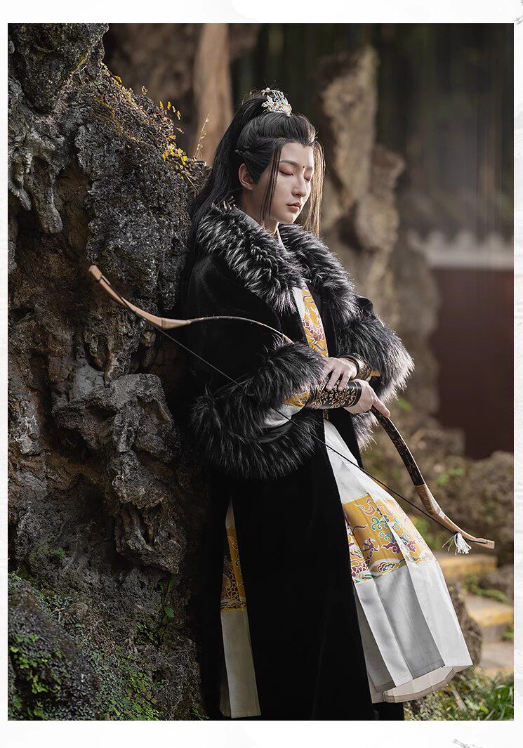 男款汉服裘衣加绒加厚半袖披袄旅拍冬季保暖男士外披武侠古风大衣