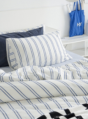 造卧zwow日系简约冷淡ins侘寂风100全棉纯棉浅蓝色条纹四件套