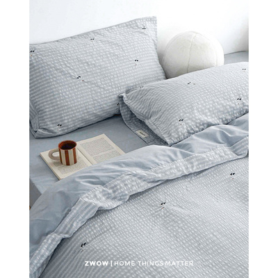 造卧zwow原创设计小众北欧海鸥刺绣蓝灰条纹泡泡纱100全棉四件套