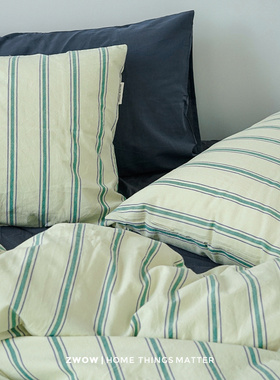 造卧zwow侘寂风ins100全棉纯棉黄绿色条纹日系民宿床上用品四件套