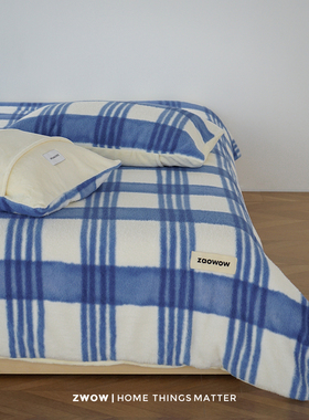 造卧zwow【水彩】冬季仿羊毛绒牛奶绒蓝色条纹保暖床单床笠四件套