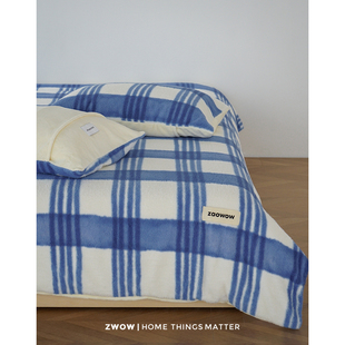 造卧zwow【水彩】冬季仿羊毛绒牛奶绒蓝色条纹保暖床单床笠四件套