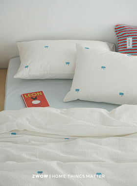 造卧zwow原创设计蓝色大象刺绣少女白色条纹泡泡纱纯棉全棉四件套