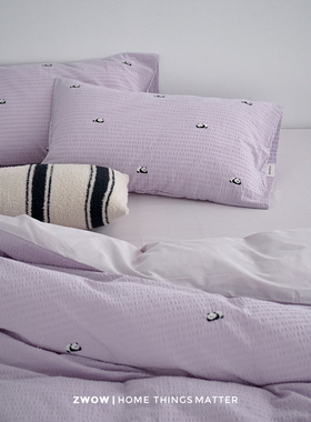 造卧zwow仙女紫色熊猫刺绣泡泡纱100全棉纯棉床单床笠被套四件套