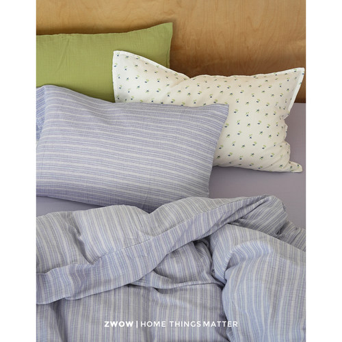 造卧zwow纯棉100全棉皱皱纱撞色仙女紫绿条纹A类小清新床上四件套