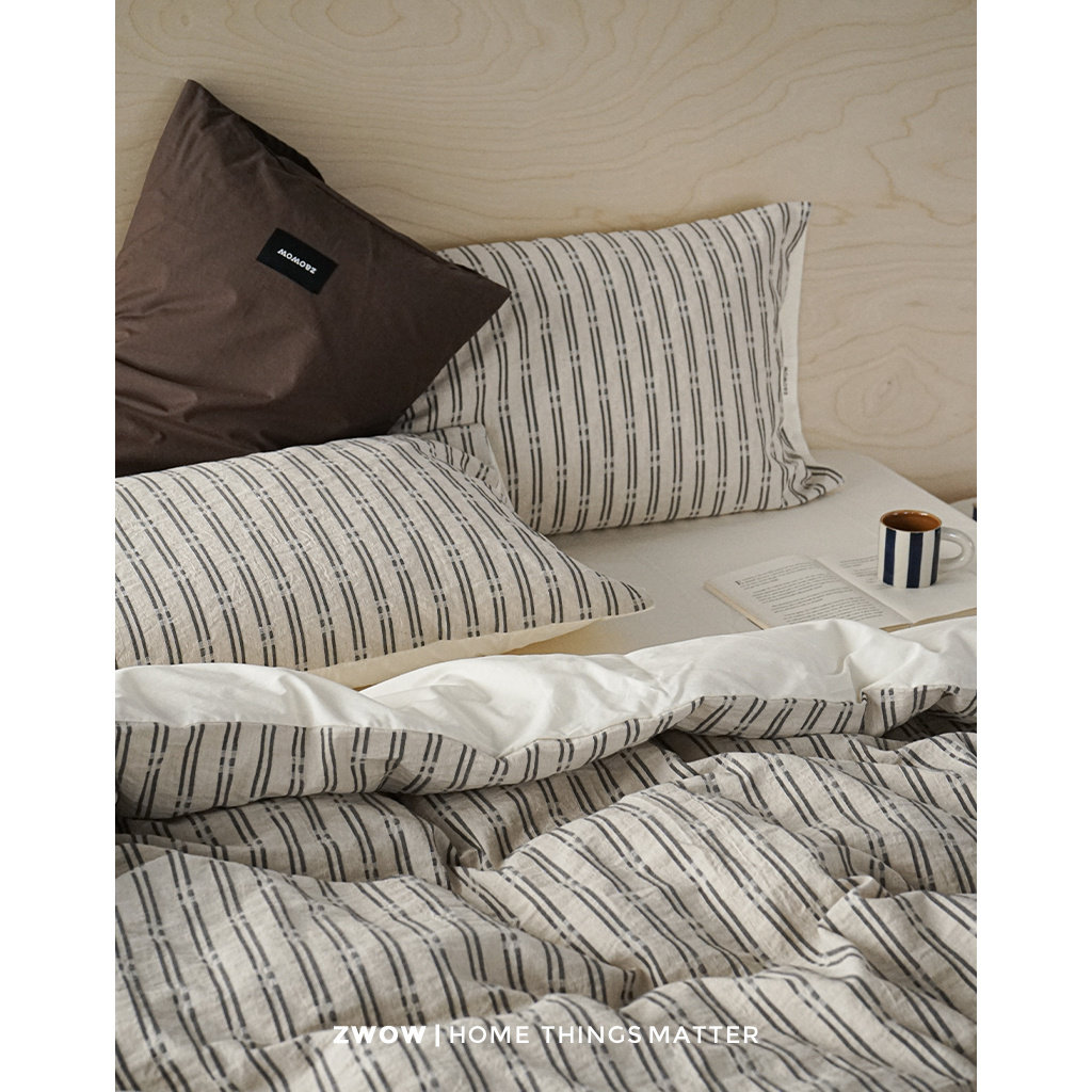 造卧zwow四季款美拉德摩斯黑条纹色织棉亚麻提花咖啡米色四件套