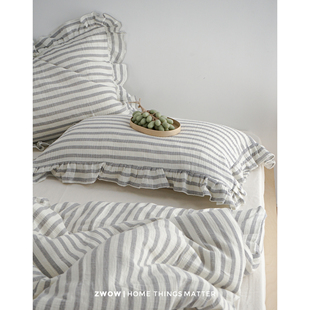 造卧zwow 灰白条纹全棉双层皱皱纱亲肤柔软床上四件套 尼斯灰条