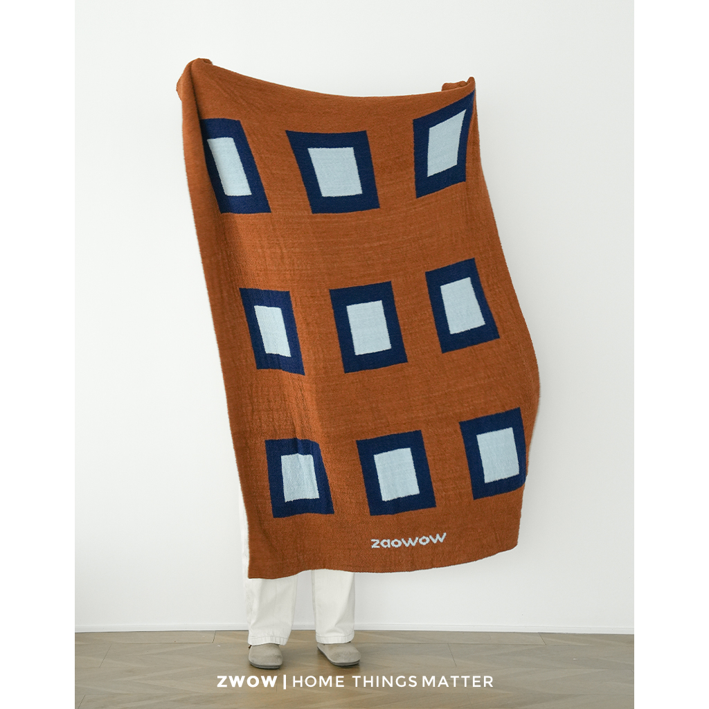 造卧zwow复古中古风格子蓝橘调双面加厚半边绒盖毯休闲毯午睡毯子