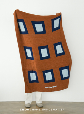 造卧zwow【鹿特丹】复古中古风格子蓝橘色双面半边绒盖毯午睡毯子
