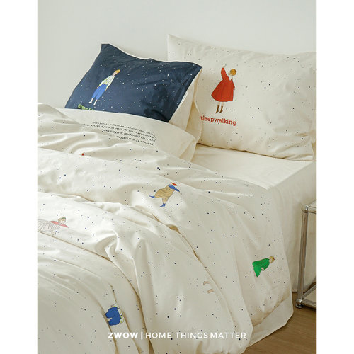 造卧zwow原创高支全棉贡缎100长绒棉可爱手绘卡通人物床上四件套